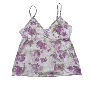 Laura Ashley Women's Floral Lace Camisole Tank Top Purple Green Size Large Y2K